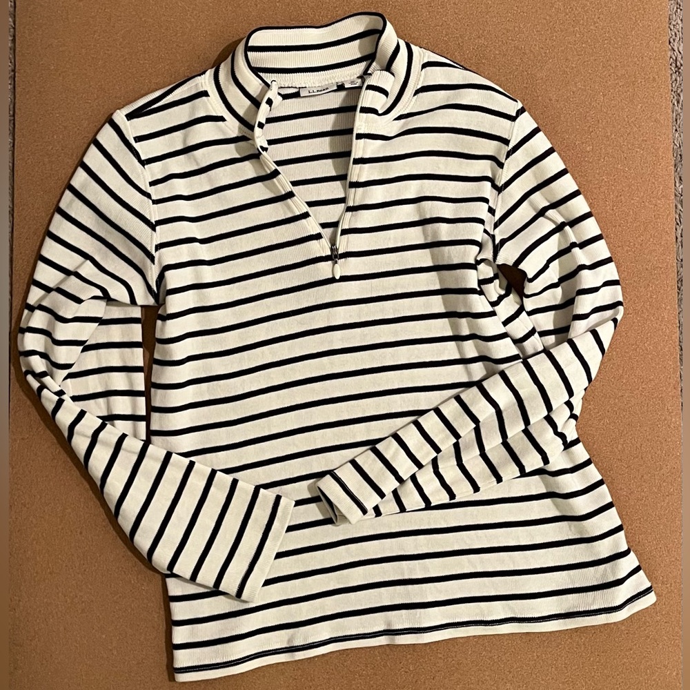 L.L. Bean 100% Cotton Sweater 1/4 Zip Ivory and Navy Stripe M